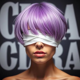 A woman with short purple hair, her eyes covered with a white cloth