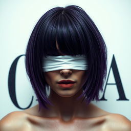 A woman with short purple hair, her eyes covered with a white cloth