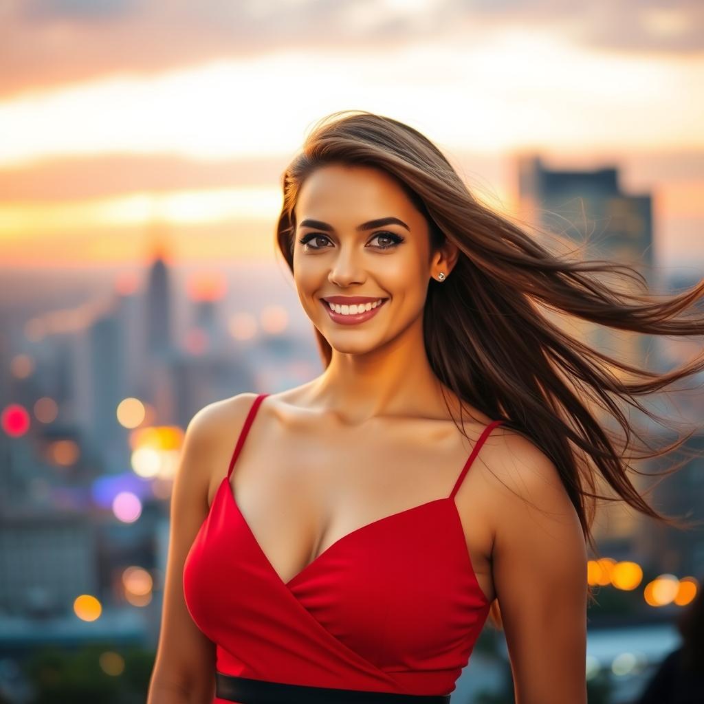 A confident and attractive woman with a captivating smile, wearing a fashionable red dress