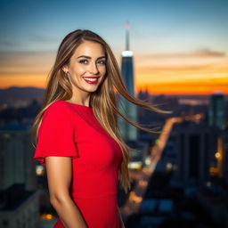 A confident and attractive woman with a captivating smile, wearing a fashionable red dress