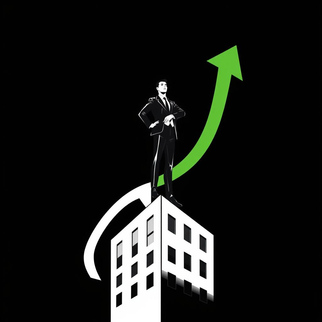 A modern, vector, and minimalist book cover illustration featuring a businessman standing confidently on top of a building