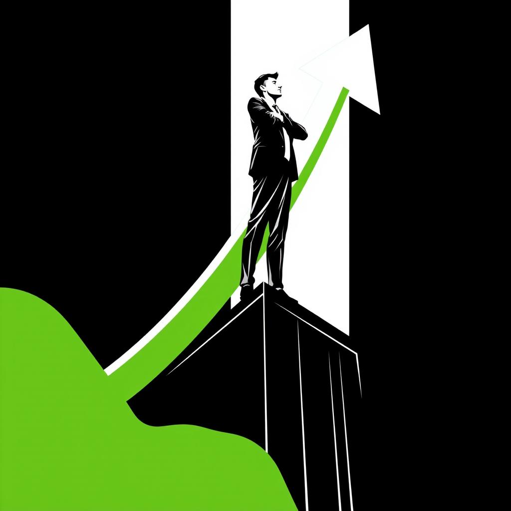 A modern, vector, and minimalist book cover illustration featuring a businessman standing confidently on top of a building