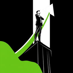 A modern, vector, and minimalist book cover illustration featuring a businessman standing confidently on top of a building