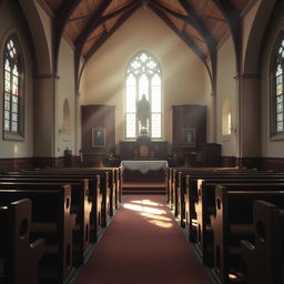 A serene and peaceful church interior illuminated by soft sunlight streaming through stained glass windows