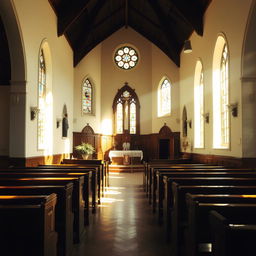 A serene and peaceful church interior illuminated by soft sunlight streaming through stained glass windows