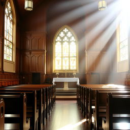 A serene and peaceful church interior illuminated by soft sunlight streaming through stained glass windows