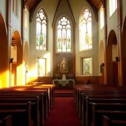 A serene and peaceful church interior illuminated by soft sunlight streaming through stained glass windows