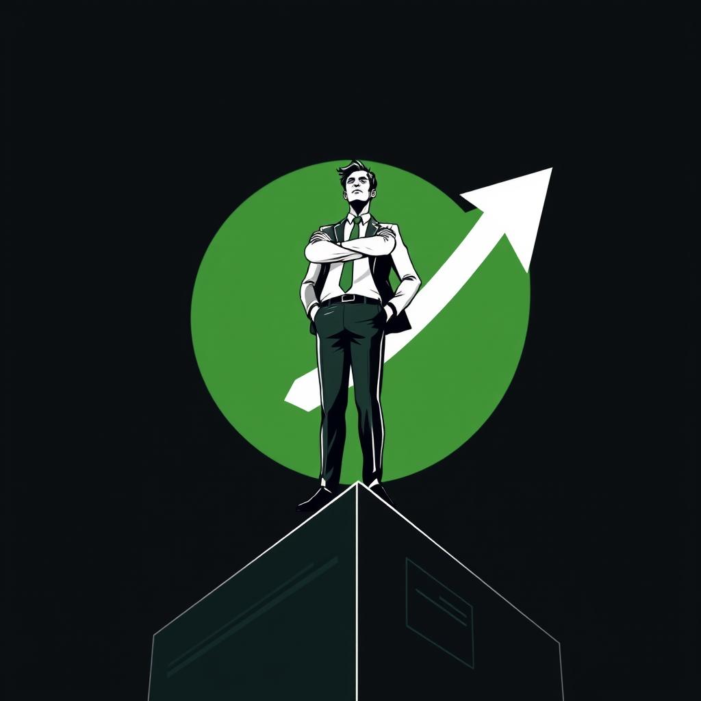 A modern, vector, and minimalist book cover illustration showcasing a businessman standing confidently on top of a building