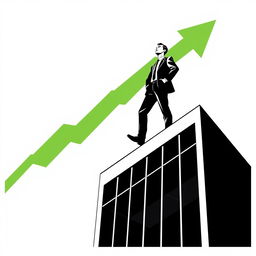 A modern, vector, and minimalist book cover illustration showcasing a businessman standing confidently on top of a building