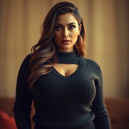 A sultry woman with voluptuous curves wearing a virgin killer sweater that accentuates her figure