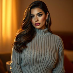 A sultry woman with voluptuous curves wearing a virgin killer sweater that accentuates her figure