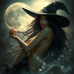 An enchanting scene featuring a mysterious witch with sensual curves, adorned with cascading locks of hair that flow down her shoulders and a mysterious, alluring gaze