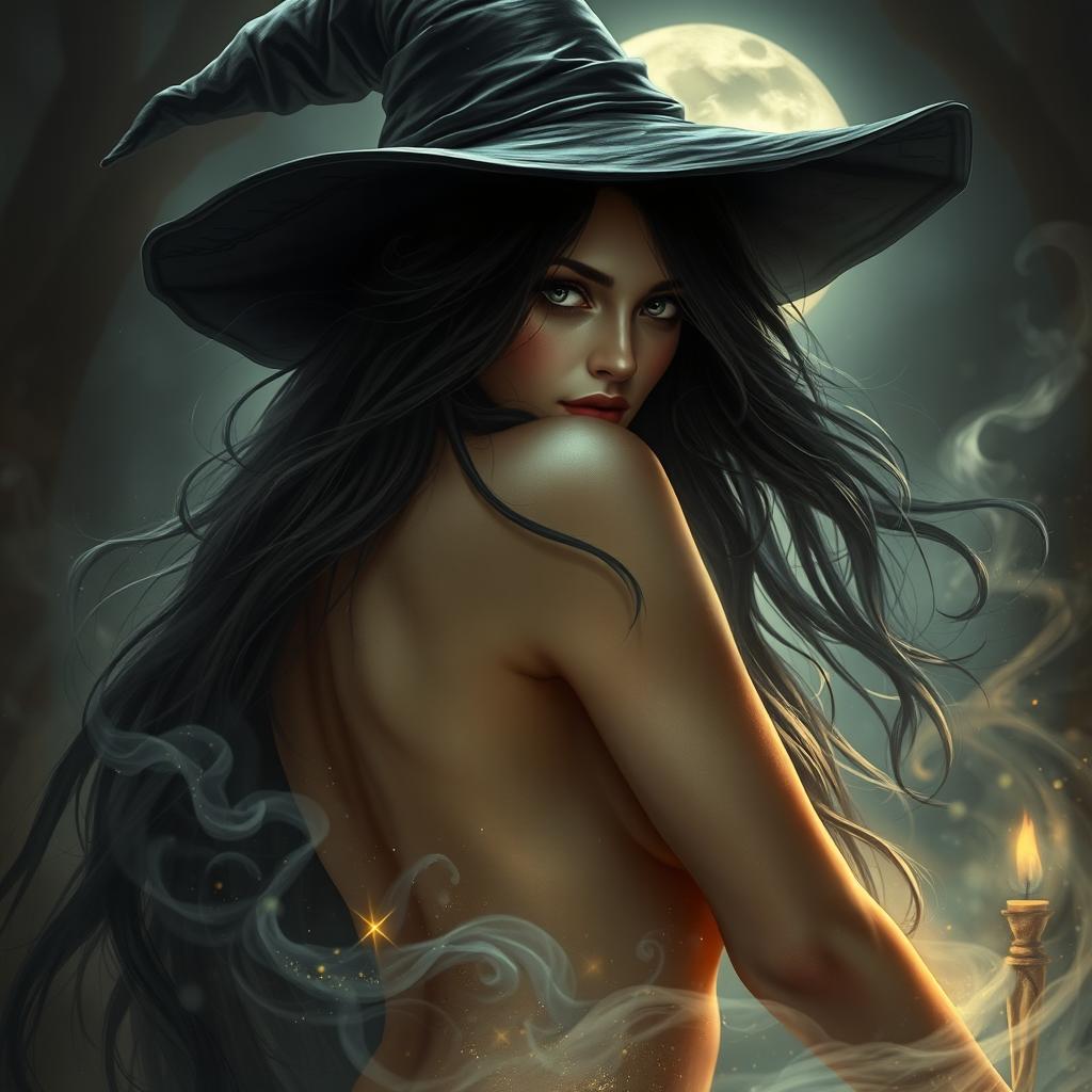 An enchanting scene featuring a mysterious witch with sensual curves, adorned with cascading locks of hair that flow down her shoulders and a mysterious, alluring gaze