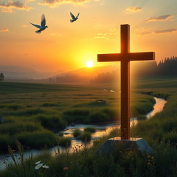 A hyper-realistic depiction of Christian symbols, featuring a glowing cross in the foreground, surrounded by a peaceful landscape at dawn