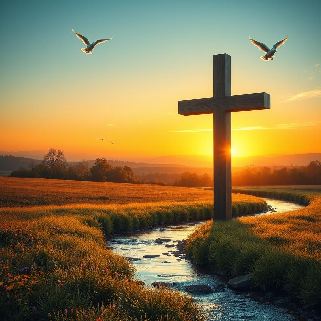 A hyper-realistic depiction of Christian symbols, featuring a glowing cross in the foreground, surrounded by a peaceful landscape at dawn