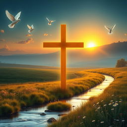 A hyper-realistic depiction of Christian symbols, featuring a glowing cross in the foreground, surrounded by a peaceful landscape at dawn