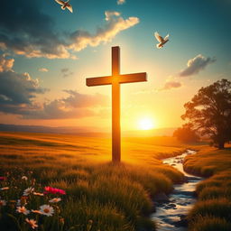 A hyper-realistic depiction of Christian symbols, featuring a glowing cross in the foreground, surrounded by a peaceful landscape at dawn