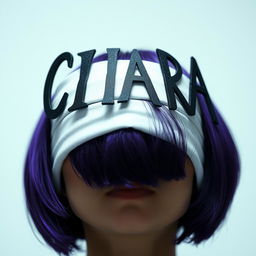 A woman with short purple hair, her eyes covered with a white cloth