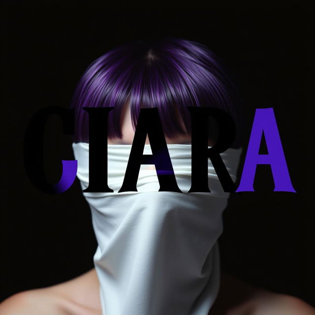 A woman with short purple hair, her eyes covered with a white cloth