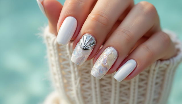 A raw photograph of a stylish and intricate manicure designed for a summer beach scene at sea in 2024