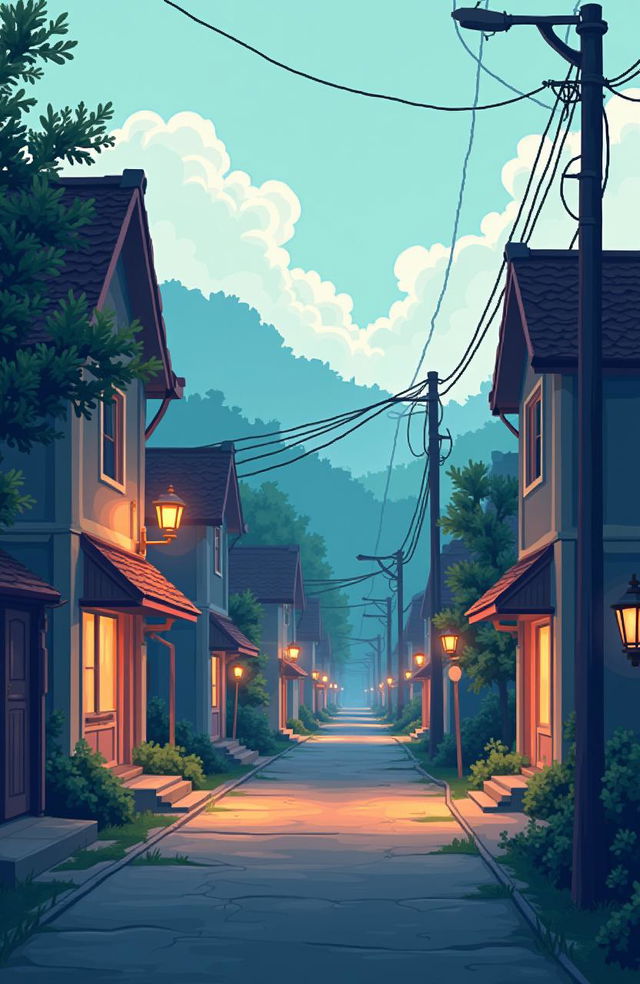 a somber pixel art town in pastel colors, featuring quiet streets and a peaceful atmosphere, showcasing small buildings with soft color palettes, gentle lighting casting long shadows, and a serene ambiance, with small details like dim street lamps and a gentle breeze rustling through the trees, creating a melancholic yet beautiful scene