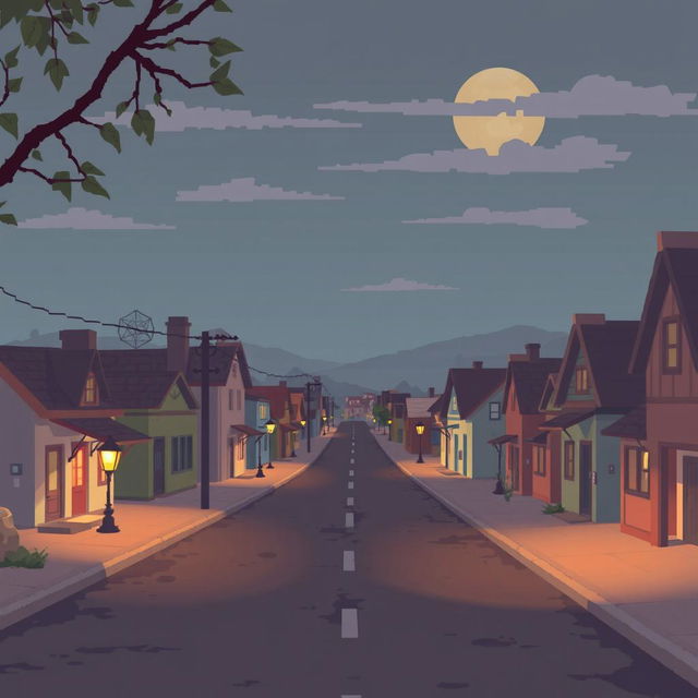 a sad pixel art town in pastel colors, featuring quiet and deserted streets with an air of nostalgia and longing, small buildings with faded pastel hues, soft and muted lighting creating long shadows, and an atmosphere of melancholy, including details like dim street lamps casting a warm glow and leaves gently blowing in the wind, evoking a sense of solitude and reflection