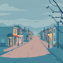 a sad pixel art town in pastel colors, featuring quiet and deserted streets with an air of nostalgia and longing, small buildings with faded pastel hues, soft and muted lighting creating long shadows, and an atmosphere of melancholy, including details like dim street lamps casting a warm glow and leaves gently blowing in the wind, evoking a sense of solitude and reflection