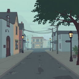 a sad pixel art town in pastel colors, featuring quiet and deserted streets with an air of nostalgia and longing, small buildings with faded pastel hues, soft and muted lighting creating long shadows, and an atmosphere of melancholy, including details like dim street lamps casting a warm glow and leaves gently blowing in the wind, evoking a sense of solitude and reflection