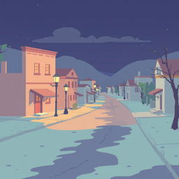 a sad pixel art town in pastel colors, featuring quiet and deserted streets with an air of nostalgia and longing, small buildings with faded pastel hues, soft and muted lighting creating long shadows, and an atmosphere of melancholy, including details like dim street lamps casting a warm glow and leaves gently blowing in the wind, evoking a sense of solitude and reflection