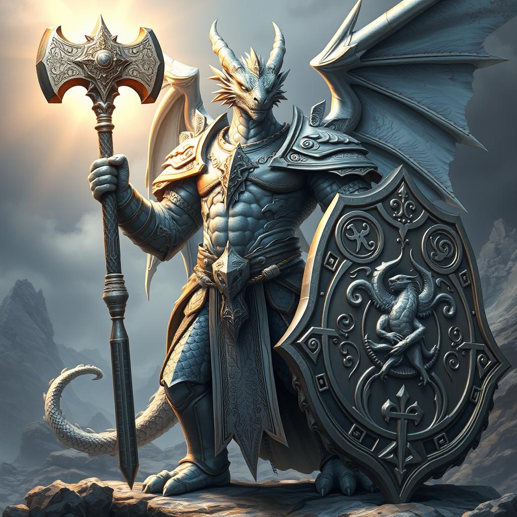 A majestic Silver Dragonborn Cleric, standing 6 feet 6 inches tall, exuding an aura of divine power