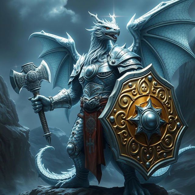 A majestic Silver Dragonborn Cleric, standing 6 feet 6 inches tall, exuding an aura of divine power