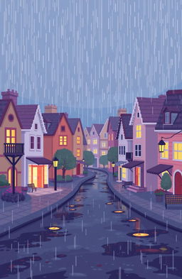 a pixel art town in pastel colors during a gentle rain, with a somber yet optimistic atmosphere, featuring cozy streets under light drizzles, small pastel-colored buildings reflecting the soft light, warm and inviting lights coming from windows, and rain droplets creating ripples in small puddles, evoking a sense of calm and quiet optimism