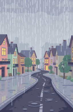 a pixel art town in pastel colors during a gentle rain, with a somber yet optimistic atmosphere, featuring cozy streets under light drizzles, small pastel-colored buildings reflecting the soft light, warm and inviting lights coming from windows, and rain droplets creating ripples in small puddles, evoking a sense of calm and quiet optimism