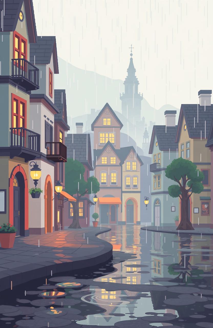 a pixel art town in pastel colors during a gentle rain, with a somber yet optimistic atmosphere, featuring cozy streets under light drizzles, small pastel-colored buildings reflecting the soft light, warm and inviting lights coming from windows, and rain droplets creating ripples in small puddles, evoking a sense of calm and quiet optimism