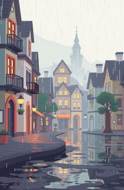 a pixel art town in pastel colors during a gentle rain, with a somber yet optimistic atmosphere, featuring cozy streets under light drizzles, small pastel-colored buildings reflecting the soft light, warm and inviting lights coming from windows, and rain droplets creating ripples in small puddles, evoking a sense of calm and quiet optimism