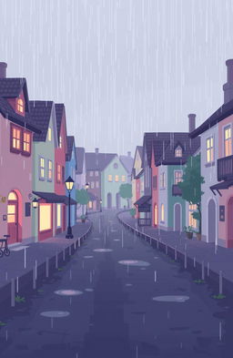 a pixel art town in pastel colors during a gentle rain, with a somber yet optimistic atmosphere, featuring cozy streets under light drizzles, small pastel-colored buildings reflecting the soft light, warm and inviting lights coming from windows, and rain droplets creating ripples in small puddles, evoking a sense of calm and quiet optimism