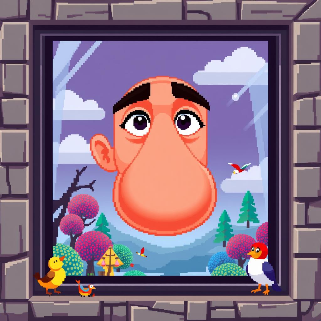 A whimsical scene featuring a pixelated window, through which a large, cartoonish nose is comically pressed against the glass, creating a humorous impression