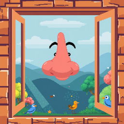 A whimsical scene featuring a pixelated window, through which a large, cartoonish nose is comically pressed against the glass, creating a humorous impression