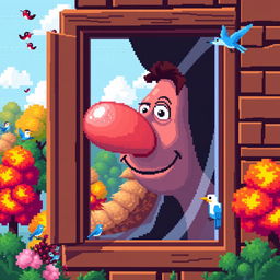 A whimsical scene featuring a pixelated window, through which a large, cartoonish nose is comically pressed against the glass, creating a humorous impression