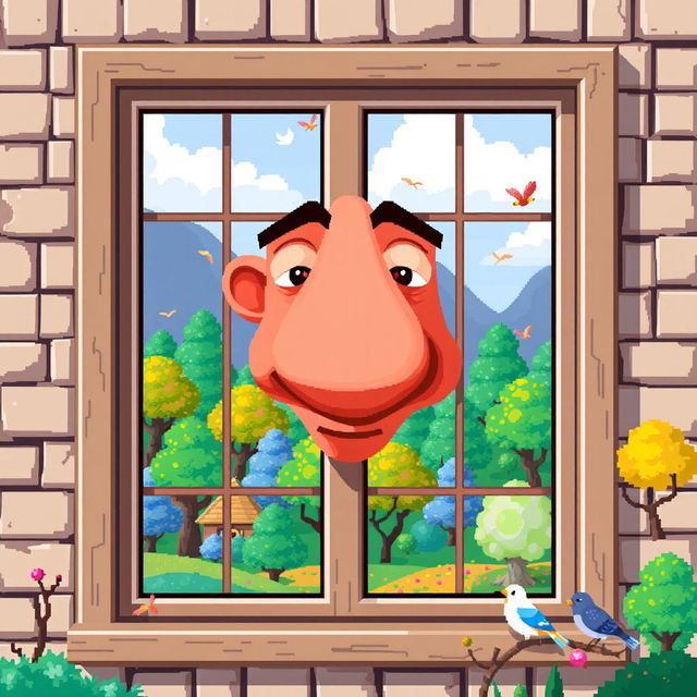 A whimsical scene featuring a pixelated window, through which a large, cartoonish nose is comically pressed against the glass, creating a humorous impression