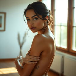 A beautifully artistic portrayal of a confident woman embracing her natural beauty in an elegant pose