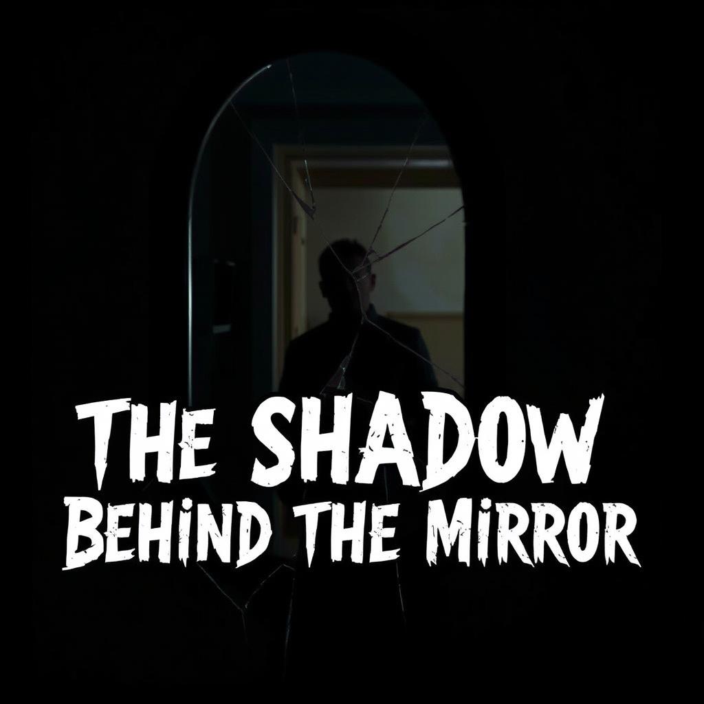 A cracked mirror reflecting a dimly lit room, with a dark, shadowy figure barely visible behind the glass