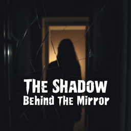 A cracked mirror reflecting a dimly lit room, with a dark, shadowy figure barely visible behind the glass