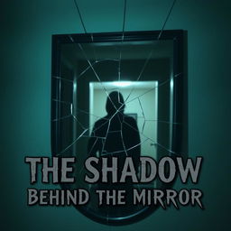 A cracked mirror reflecting a dimly lit room, with a dark, shadowy figure barely visible behind the glass