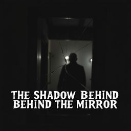 A cracked mirror reflecting a dimly lit room, with a dark, shadowy figure barely visible behind the glass