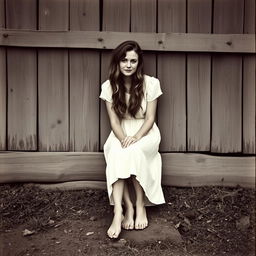 A farmer woman after a long day of work sits against the barn wall