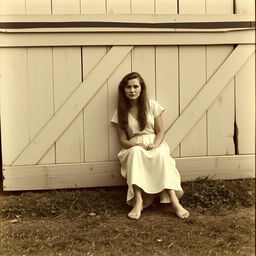 A farmer woman after a long day of work sits against the barn wall