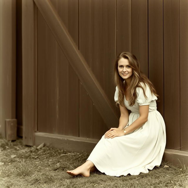 A farmer woman after a long day of work sits against the barn wall