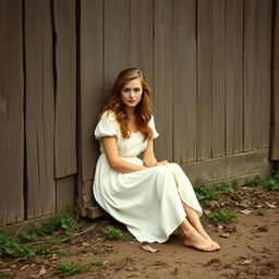 A farmer woman after a long day of work sits against the barn wall