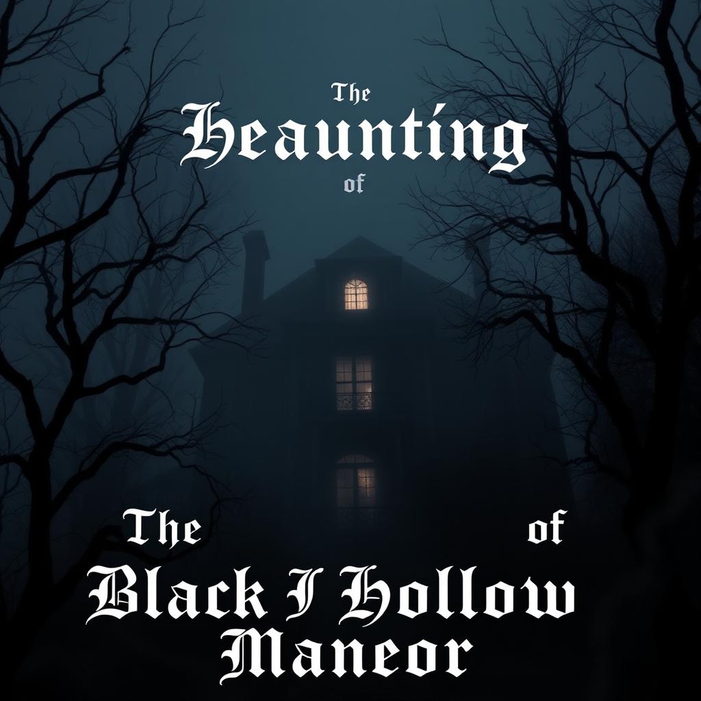 A dark, fog-covered mansion surrounded by twisted, leafless trees, with a faint, eerie glow emanating from a single window